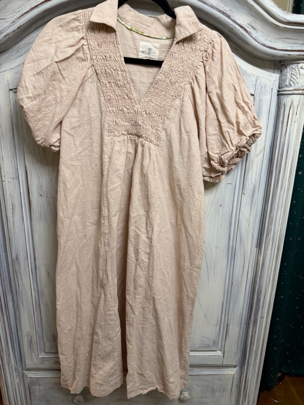 Umgee Blush Babydoll Dress Small Puff Sleeve Smocked Neck Midi Boho Modest